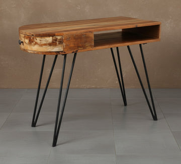 industrial console table with solid wood top and iron legs