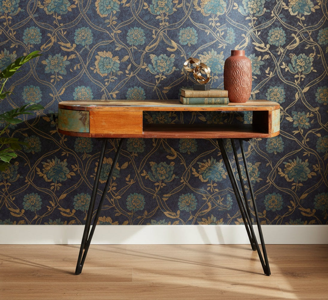 wooden console table with iron legs in rustic style