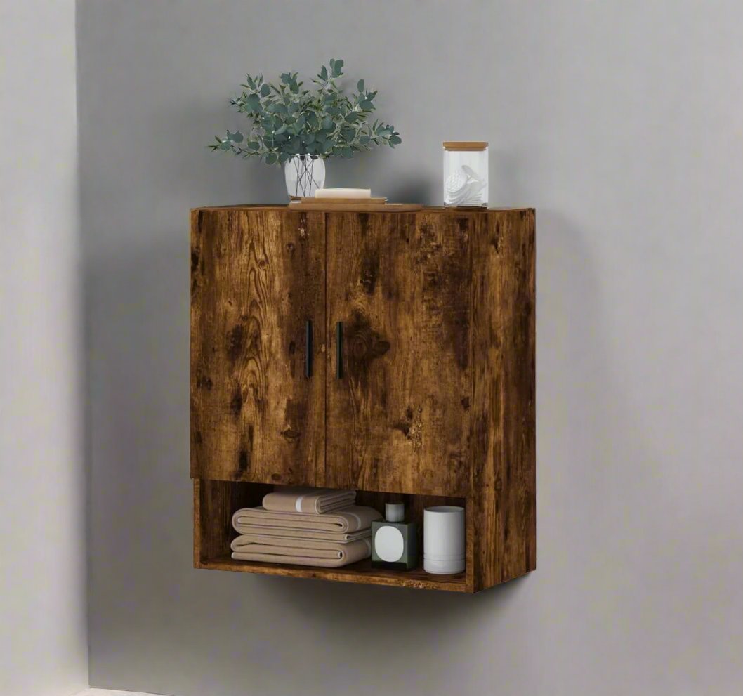 wall mounted kitchen cabinet in dark wood tone