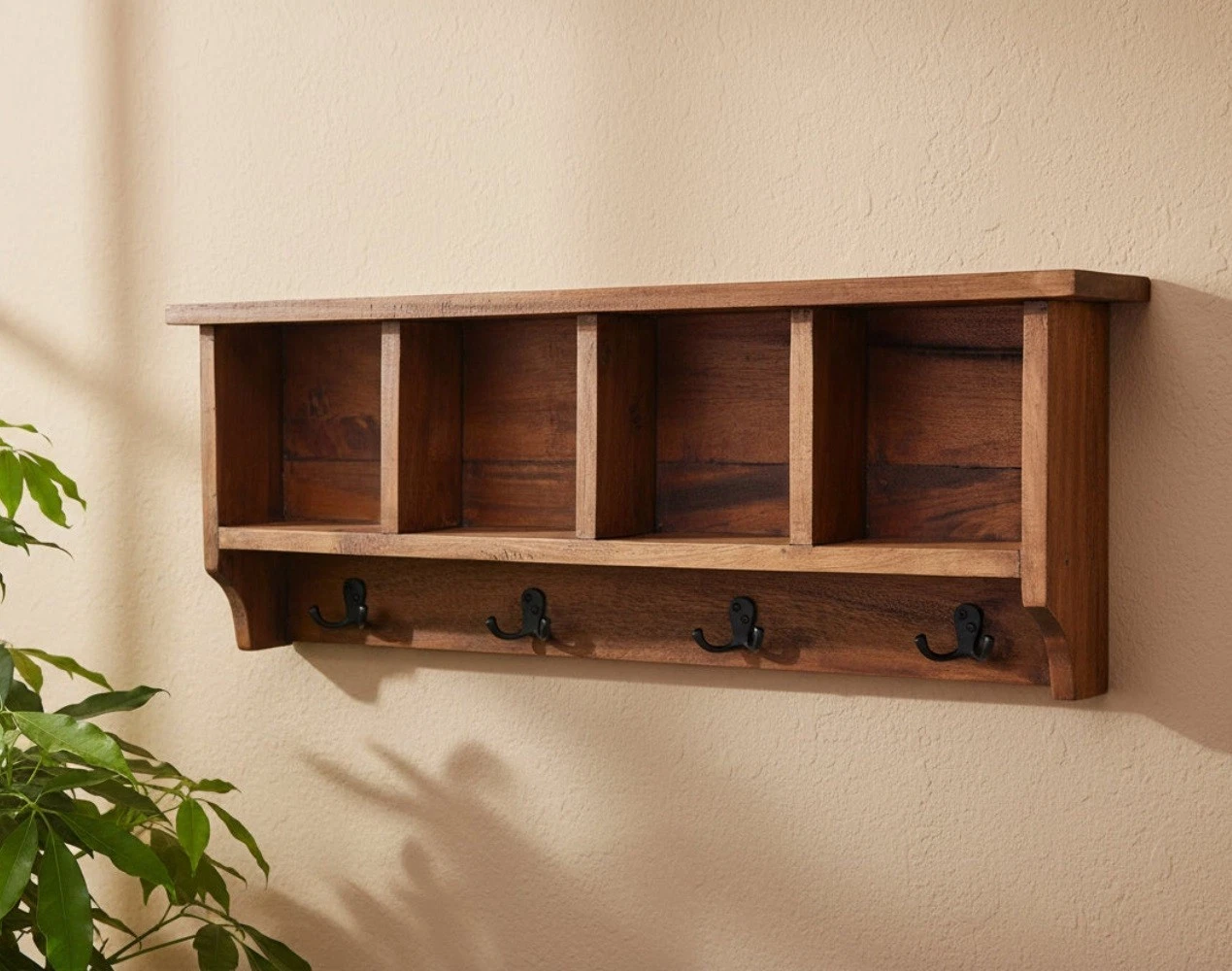 Rustic wall coat rack with floating shelf made from mahogany wood