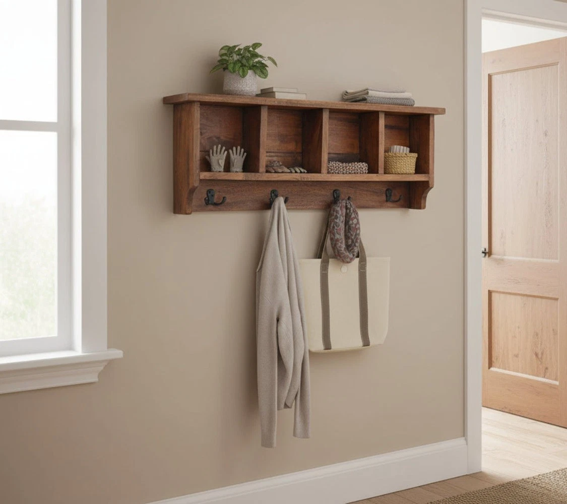 Wooden wall coat hanger with hooks for coats bags and hats