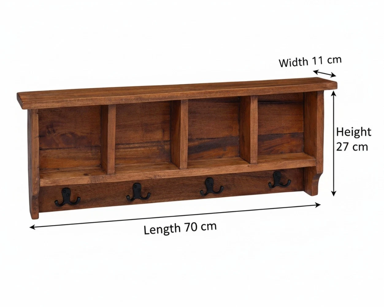 Solid mahogany wall mounted coat rack with storage shelf