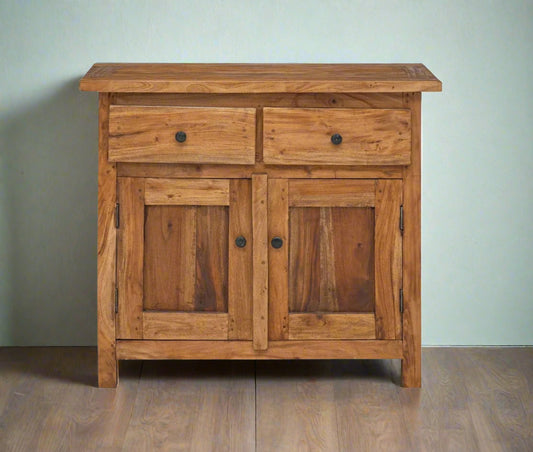 rustic wooden sideboard with drawers and doors