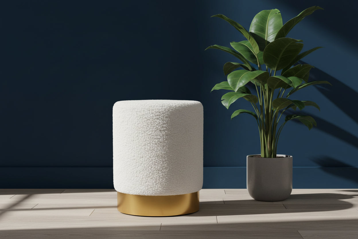 white boucle velvet footstool with gold base