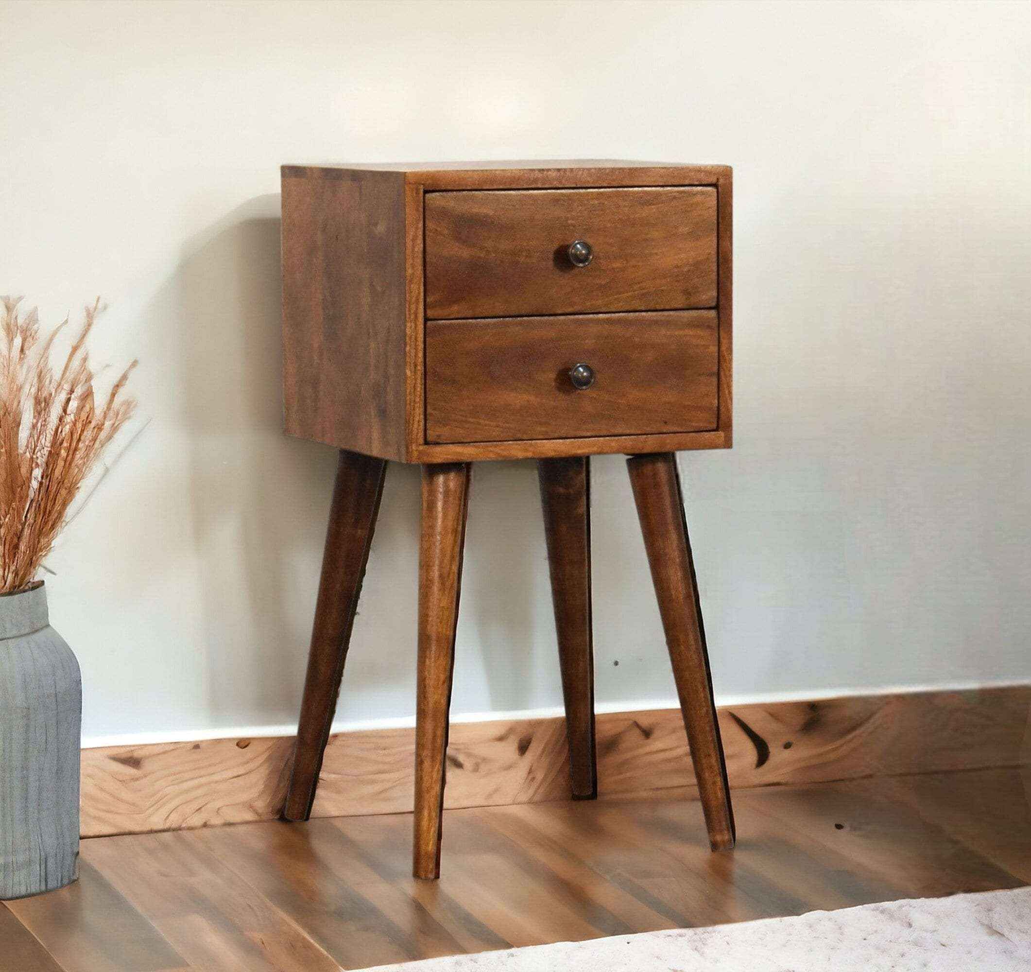 Small Bedside Table With Drawers Vintage Dark Wood Narrow Nightstand