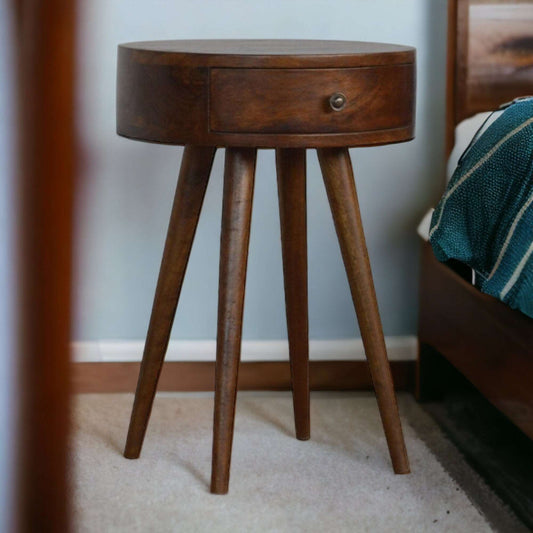 Small Circular Bedside Table In Dark Finish-myuniquefurnishings.co.uk