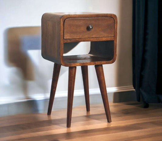 Small Curved Bedside Table With Drawer In Dark Finish-myuniquefurnishings.co.uk