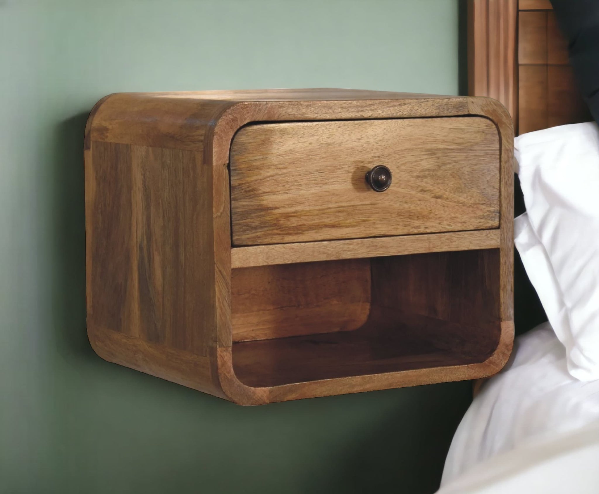 Small Curved Floating Bedside Unit With Drawer In Oak-myuniquefurnishings.co.uk