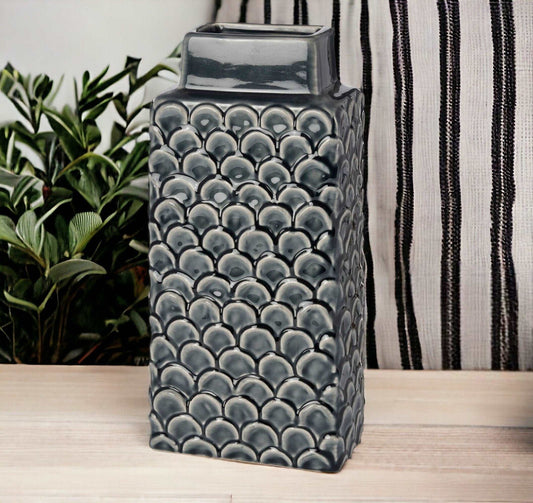 Small Grey Vase With Fish Scale Design-myuniquefurnishings.co.uk