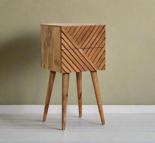 line carved bedside cabinet in oak tone