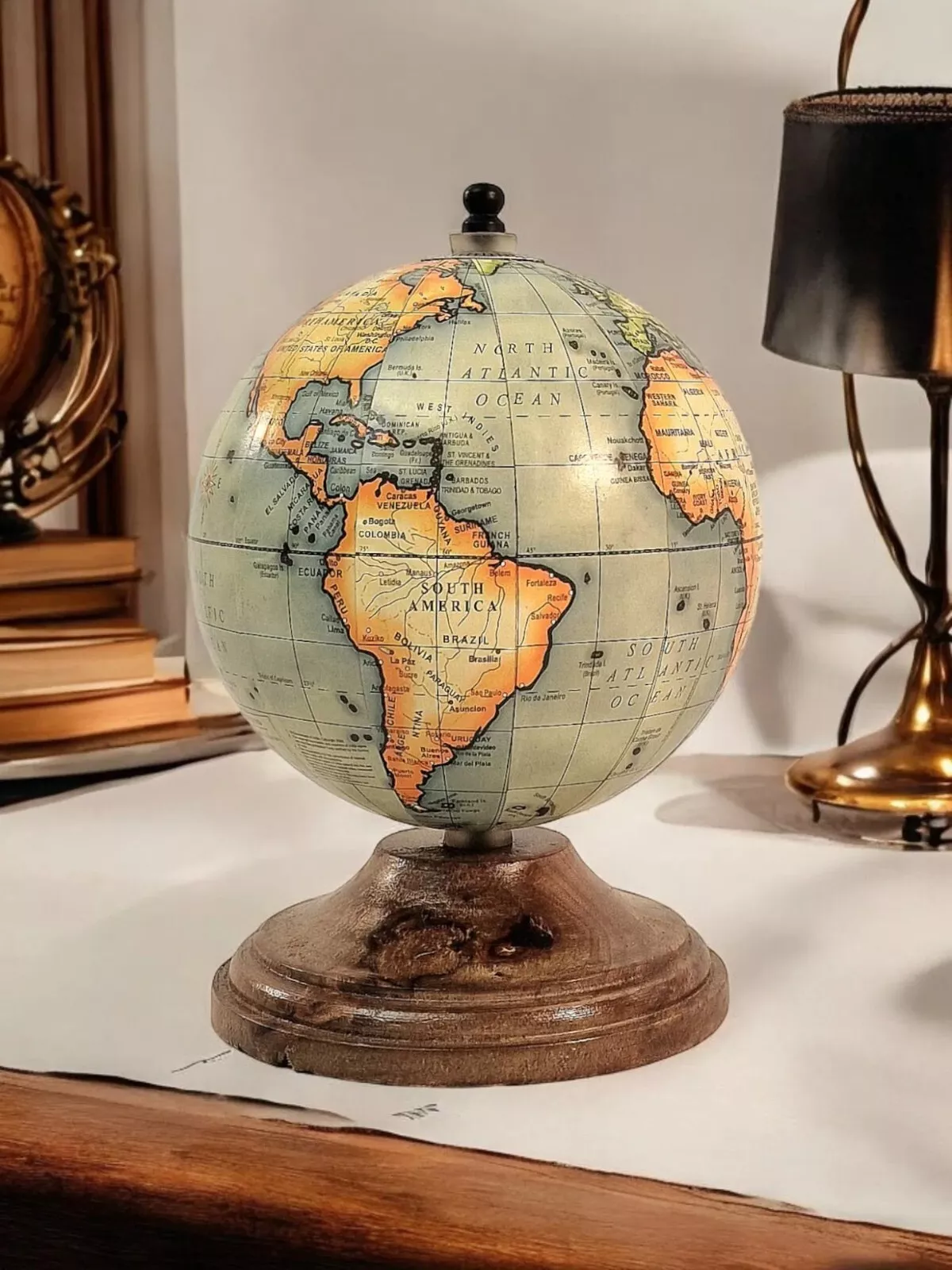 vintage rustic desktop world globe with stand