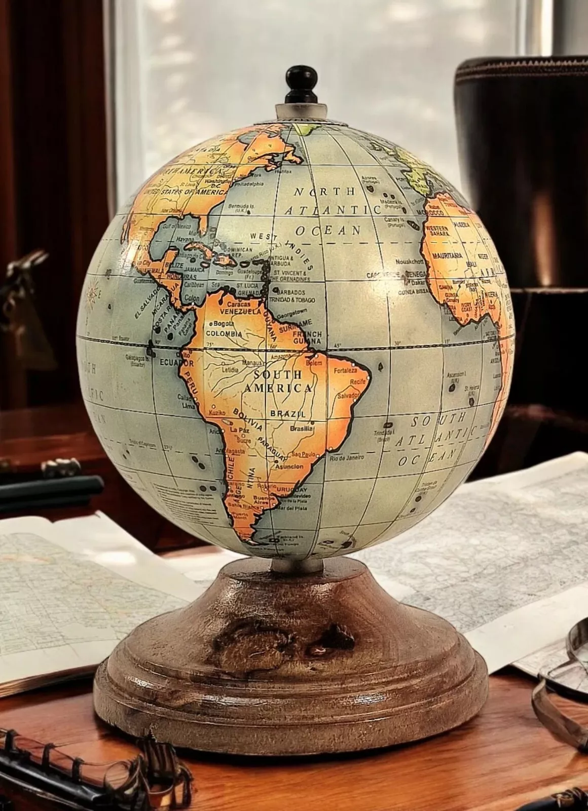 desktop world globe ornament made from wood and ceramic