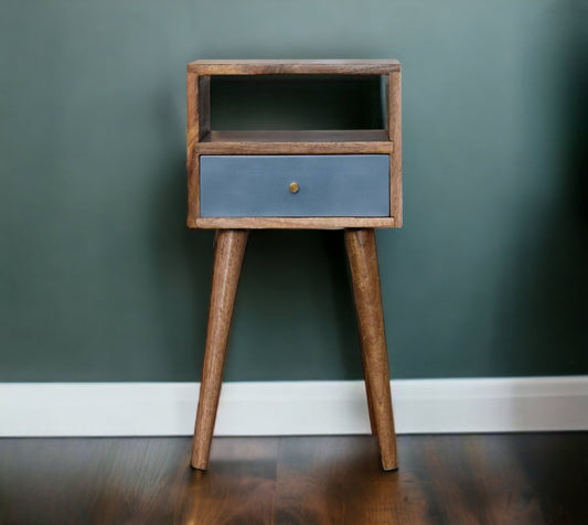 Small Square Bedside Table In Oak With Blue Drawer-myuniquefurnishings.co.uk