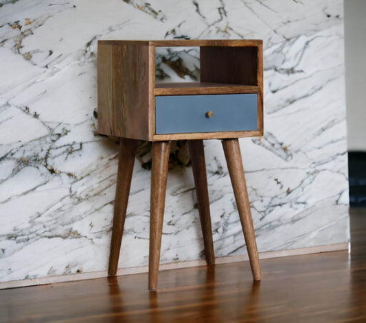 Small Square Bedside Table In Oak With Blue Drawer-myuniquefurnishings.co.uk