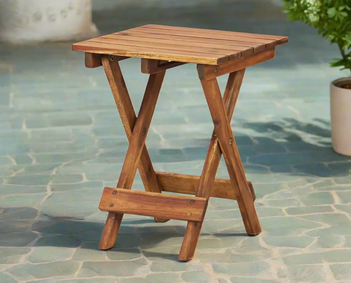 small folding garden table with varnish finish