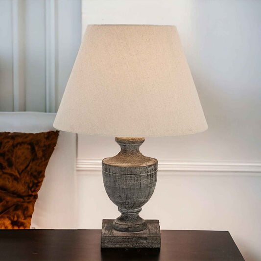 Vintage Retro Table Lamp With Grey Washed Wooden Base And Linen Shade