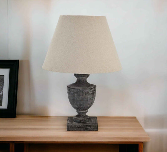 Vintage Retro Table Lamp With Grey Washed Wooden Base And Linen Shade