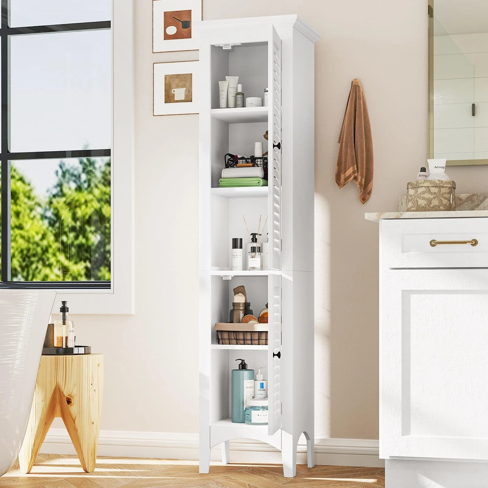 Narrow bathroom storage cabinet with double doors and adjustable shelf