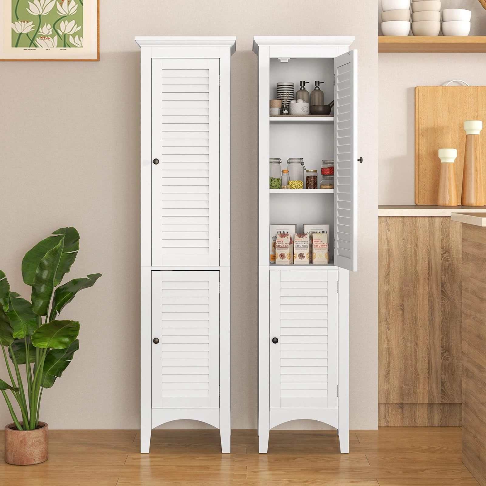 Tall white bathroom cupboard with grooved doors and storage tiers