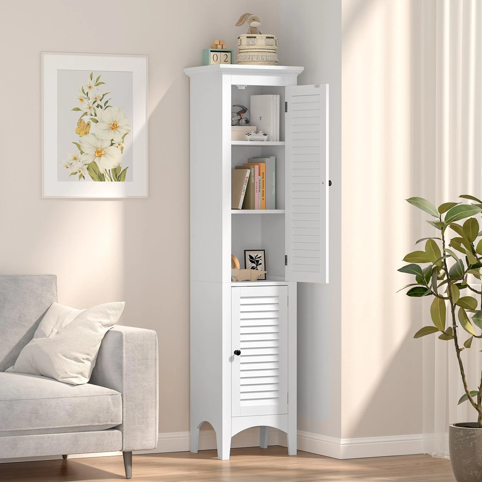 White tall storage cabinet with magnetic door catches and shelves