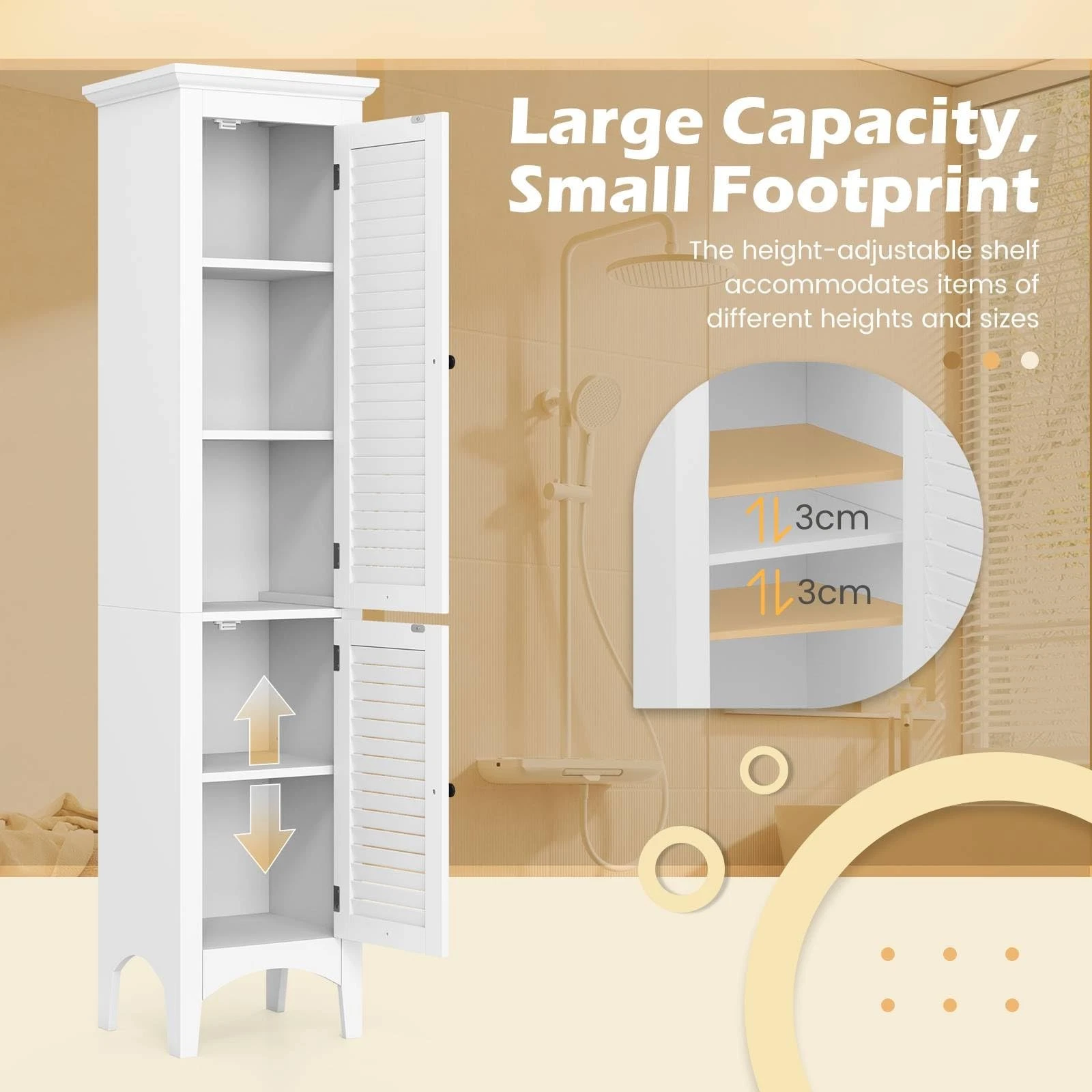 White storage cabinet with adjustable shelves in a bathroom setting