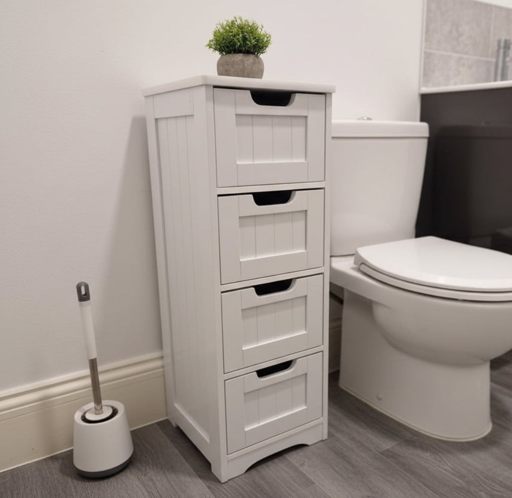 White bathroom floor storage cabinet with 4 drawers