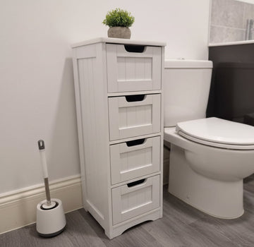 White bathroom floor storage cabinet with 4 drawers