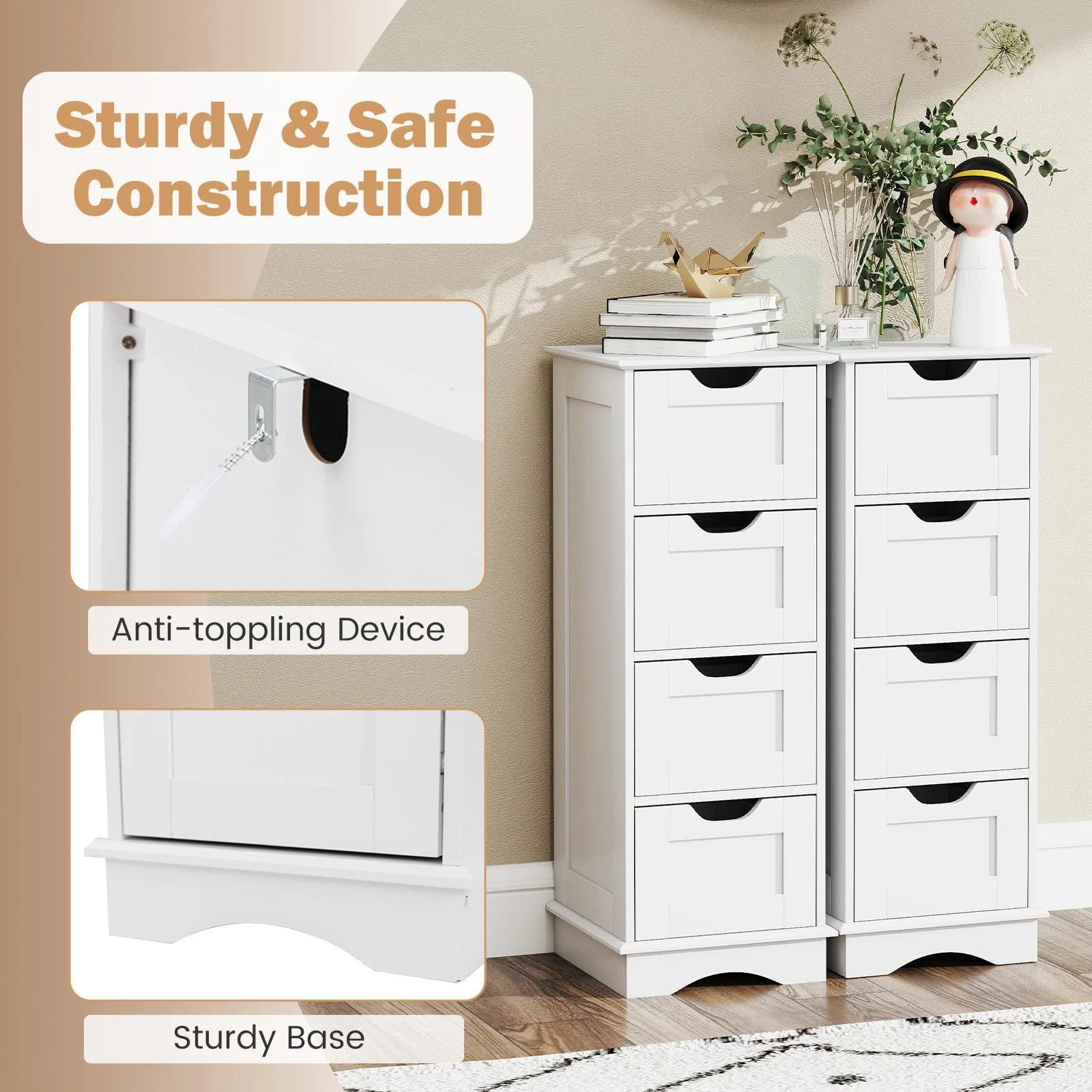 Durable narrow MDF chest of drawers with 5 kg per drawer capacity