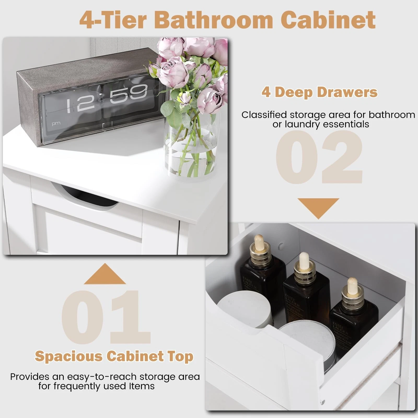 Organised bathroom storage with tabletop space for lamps or books