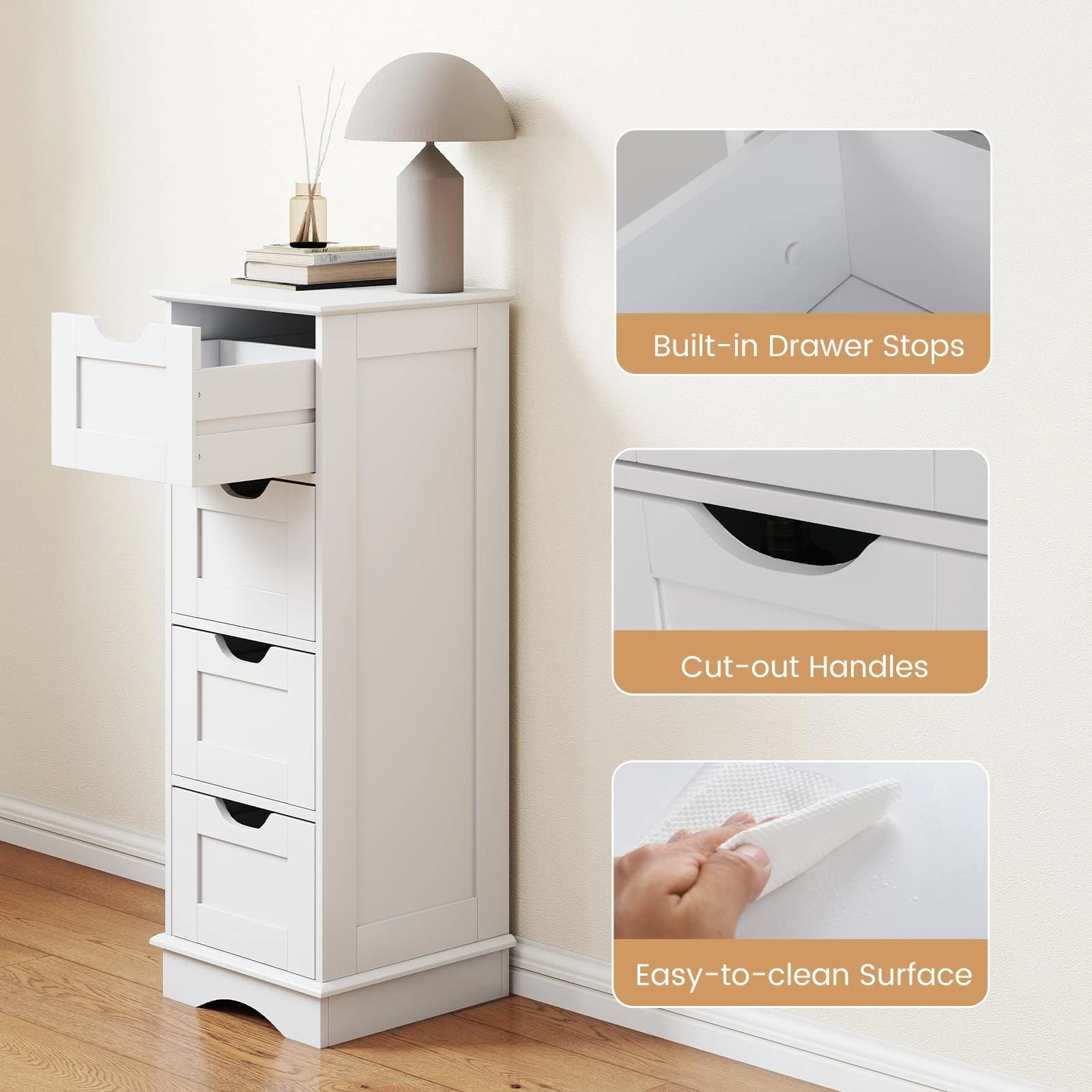 wooden narrow tall storage unit with 4 drawers in white