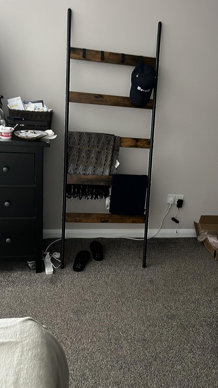 ladder towel rack with 5 dark wood tone rungs