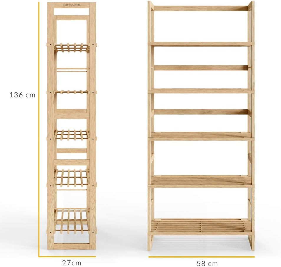 wooden freestanding shelving rack in light wood tone