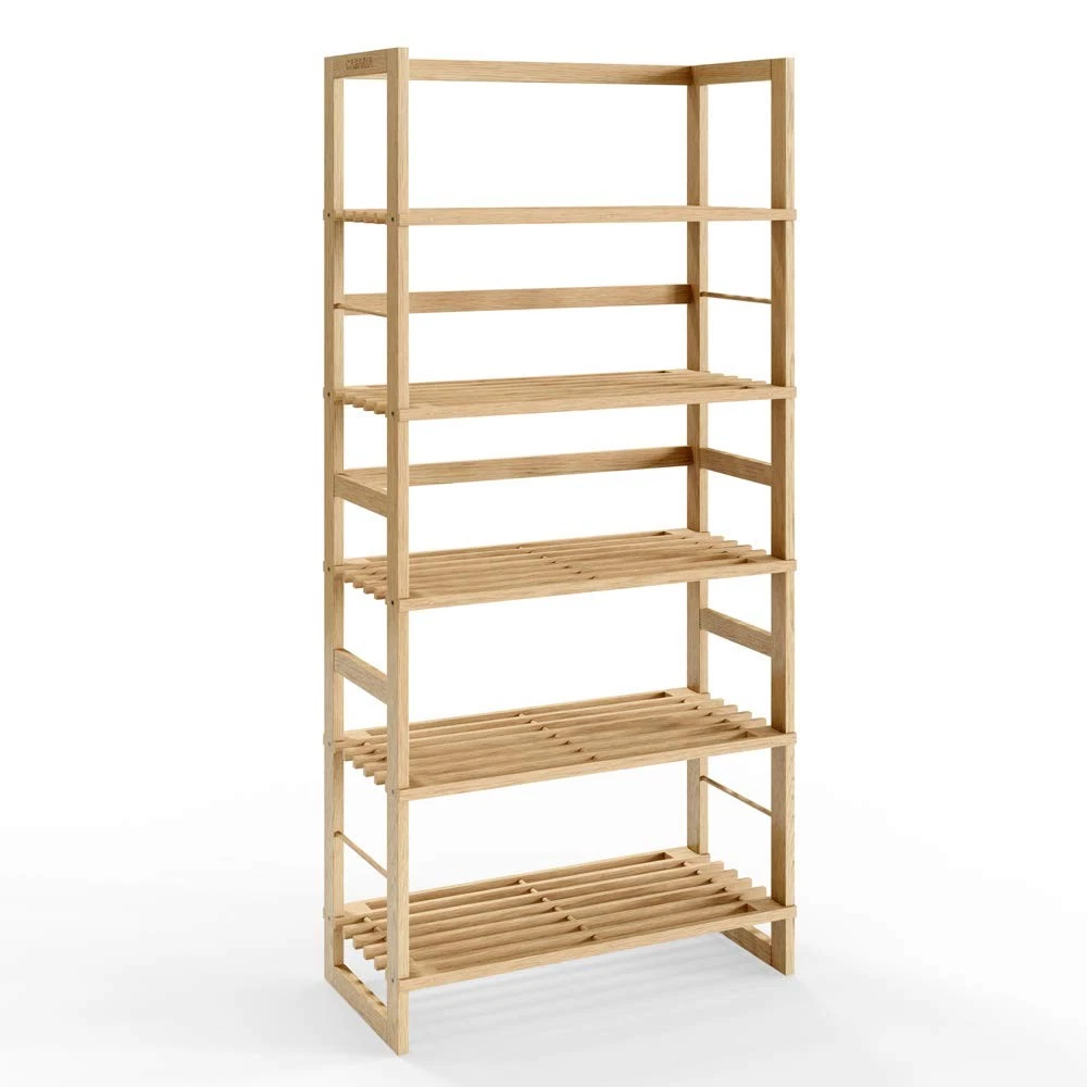 tiered bathroom rack made from bamboo, with a varnish finish