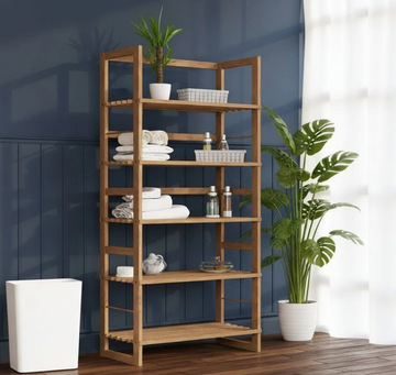 wall wooden shelving unit with 5 shelves in light wood colour
