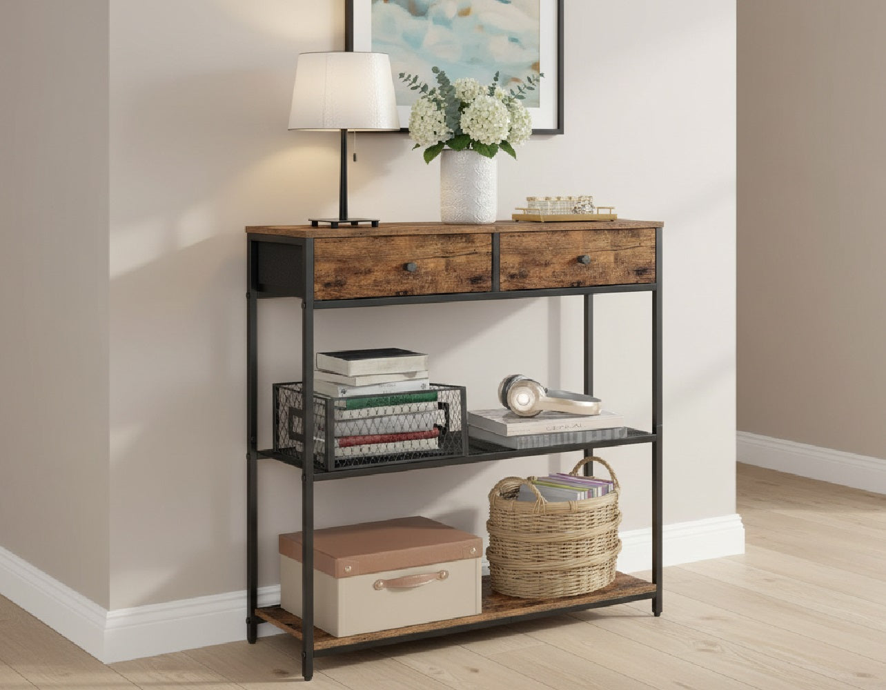 industrial console table with storage compartments