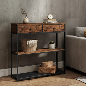 vintage industrial console table with wooden top and steel base