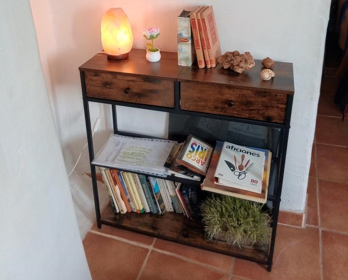unique end sofa table with drawers and shelves