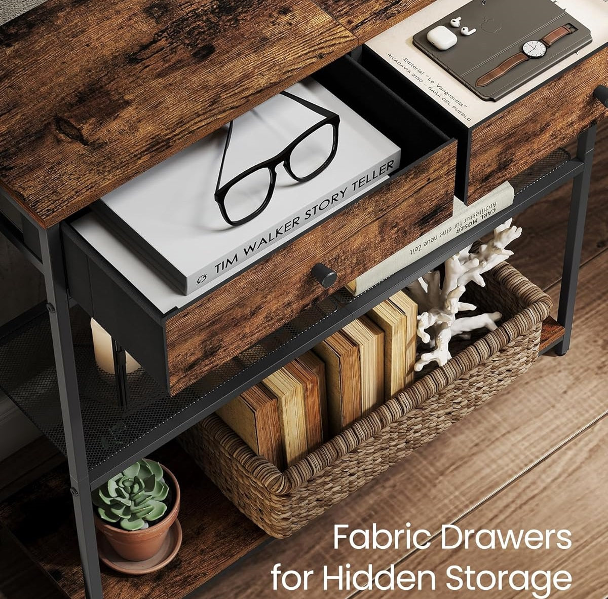 uniquely designed hallway console table with storage compartments