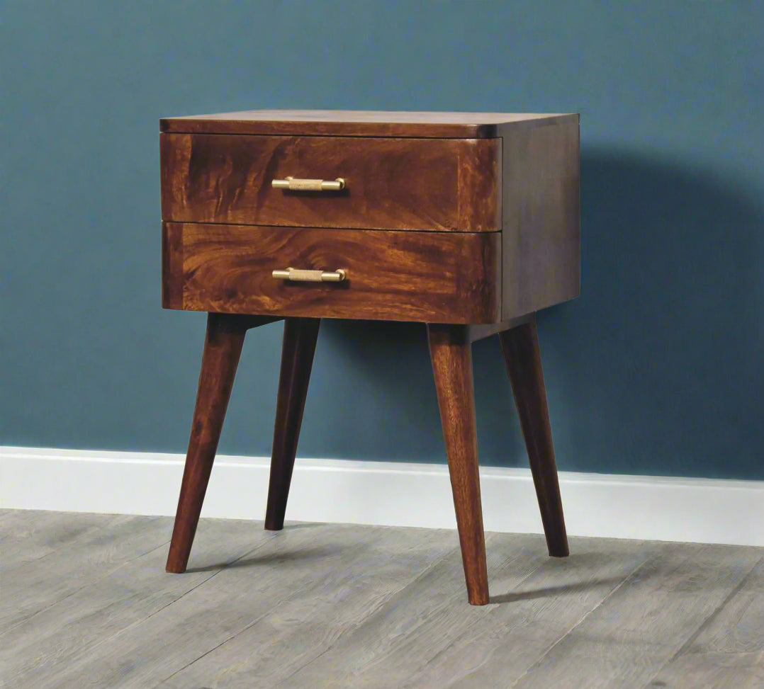 vintage retro bedside table in dark wood tone with 2 drawers