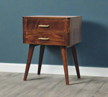 vintage retro bedside table in dark wood tone with 2 drawers
