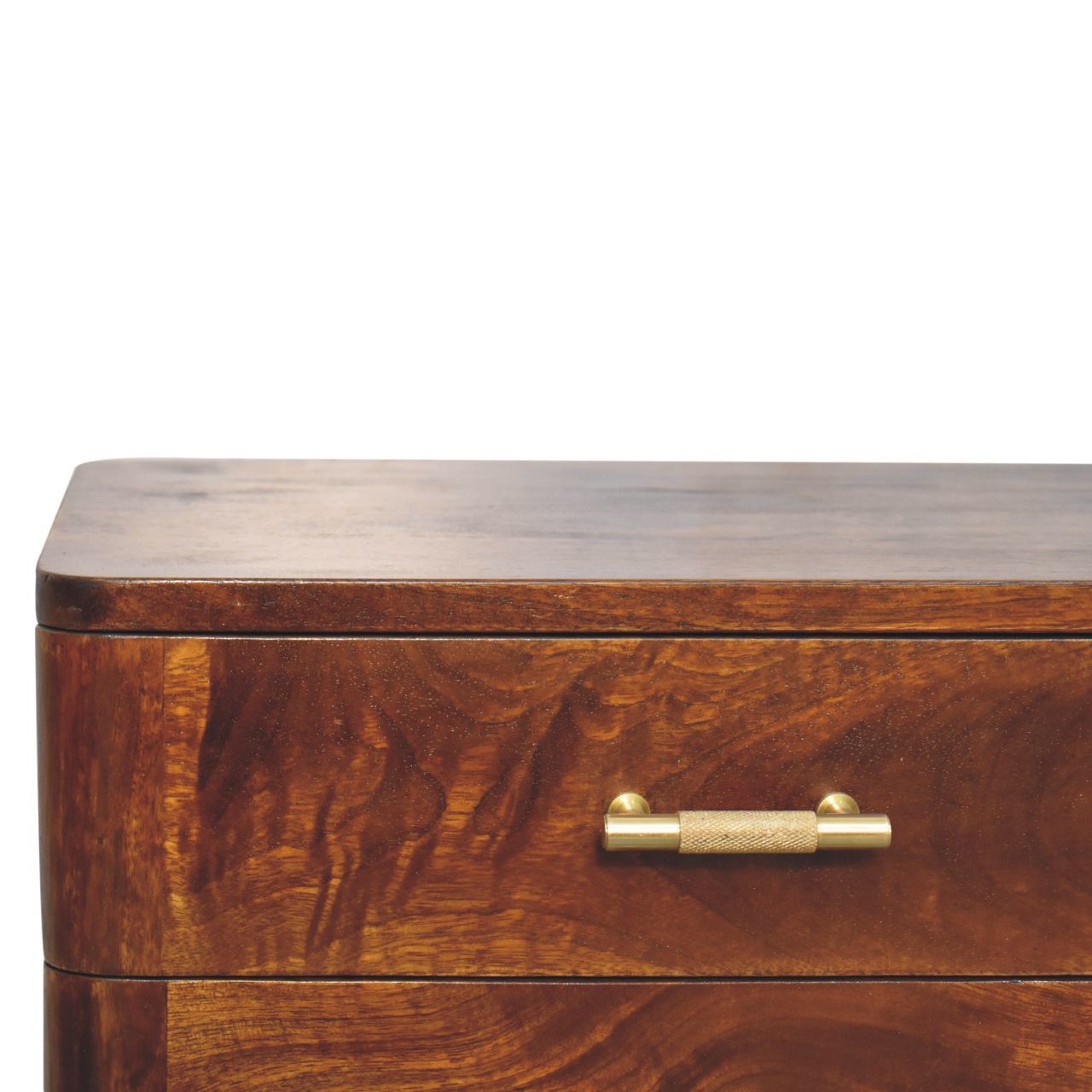 wooden bedside table with brass gold knobs