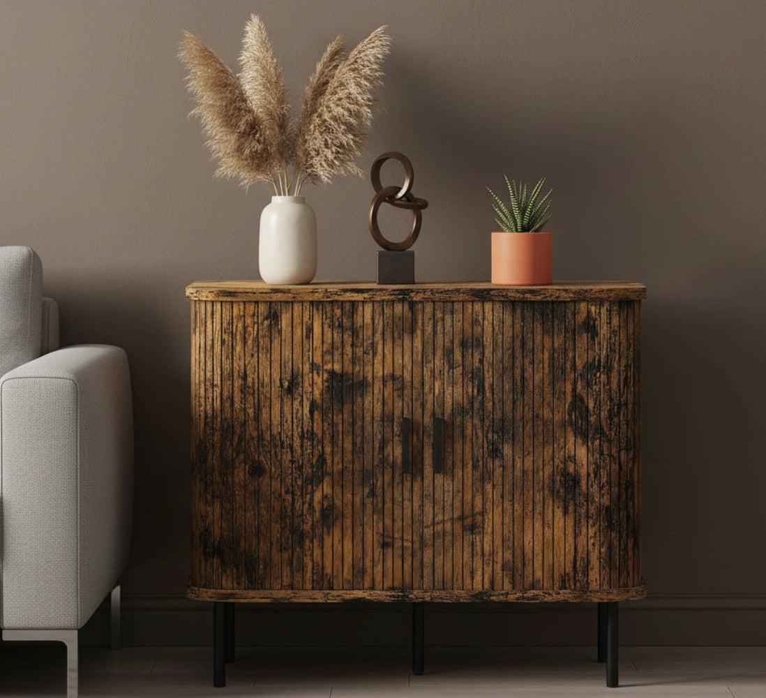 vintage retro sideboard with 2 sliding doors in dark wood tone