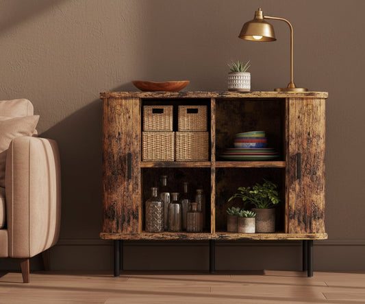 wooden slatted tambour sideboard steel legs in black