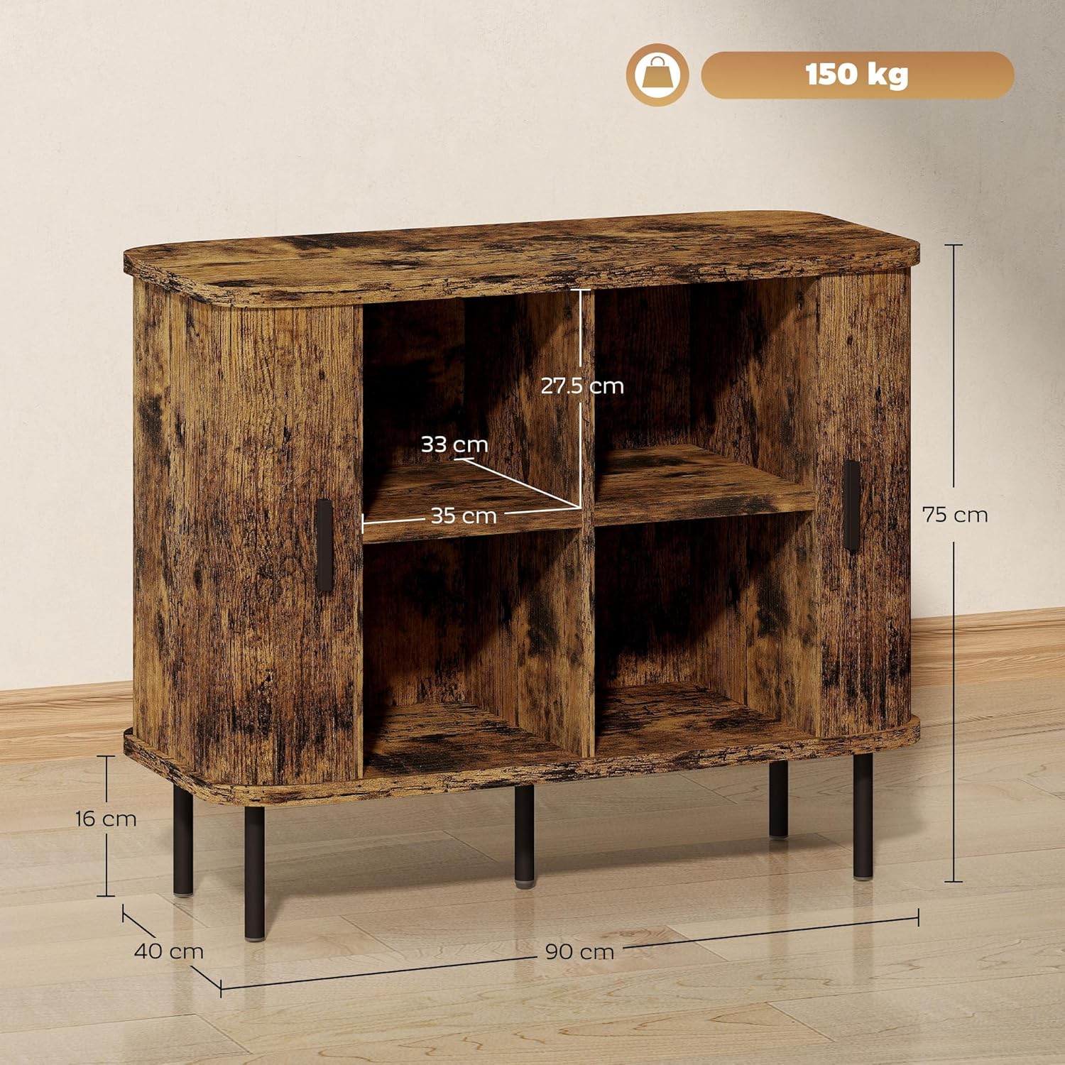 wooden storage cabinet with sliding doors and storage compartments