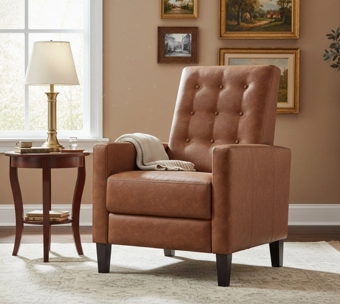 vintage style padded chair with footrest in brown colour