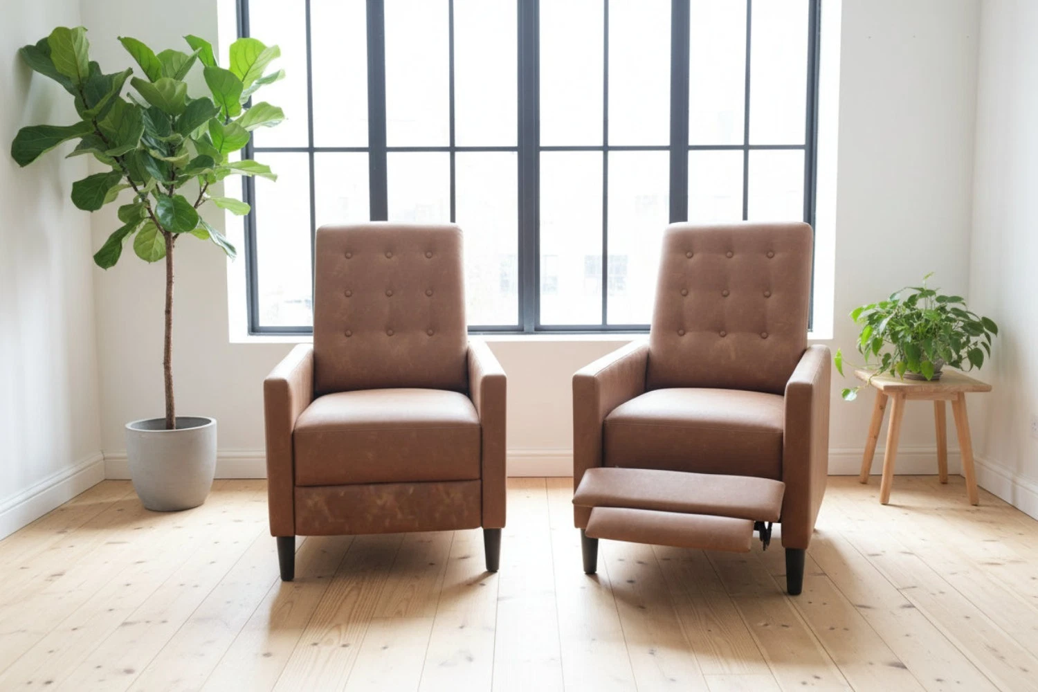 reclining armchairs with footrest and buttoned backrest