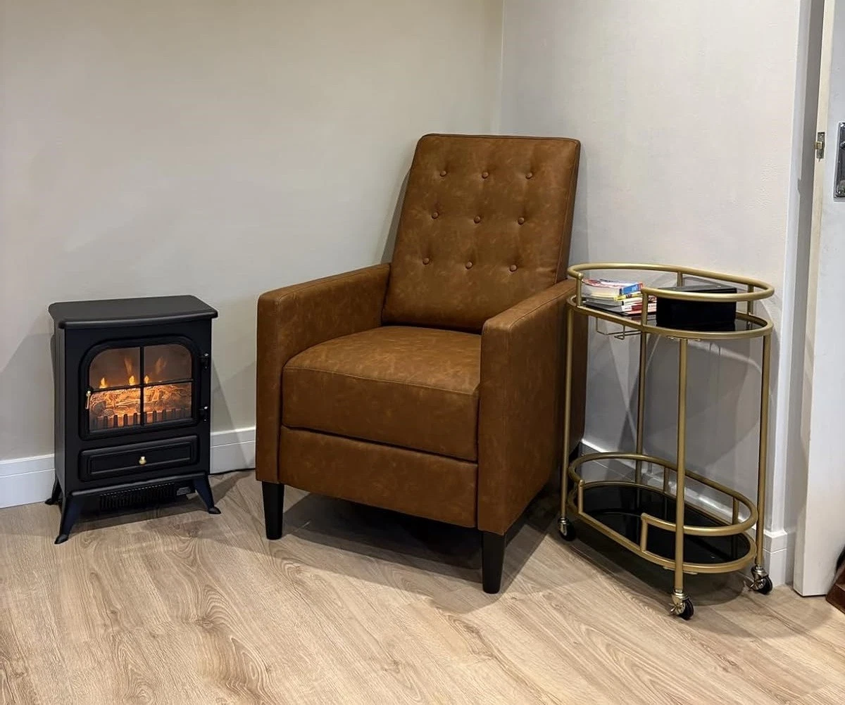 faux leather reclining chair with wooden frame and tapered legs