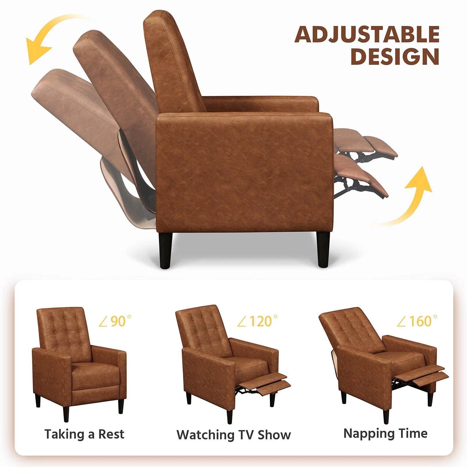 Compact vintage style recliner chair for living room or bedroom