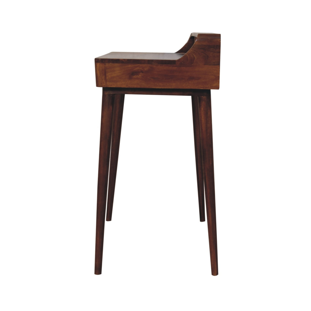 uniquely designed writing desk with 2 drawers in chestnut finish