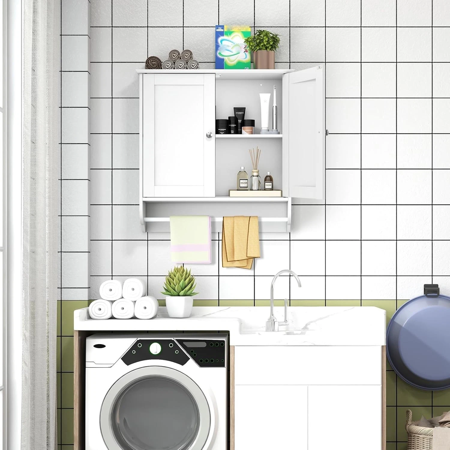 Space saving wall mounted storage cabinet for bathroom or kitchen